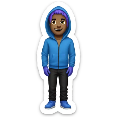 a man with blue hair, purple zipper hoodie, amarican, black pants, blue bike gloves, sticker