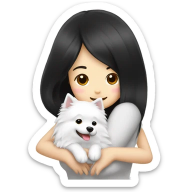 Japanese spitz dog hug black hair girl sticker