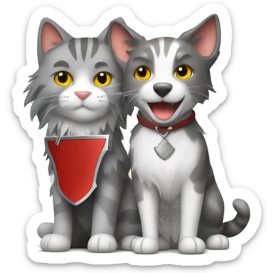 Gray tabby cat and a red tri border collie sword fighting sticker