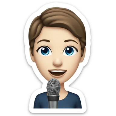 a woman with short brown hair, blue eyes, pale skin, singing into a microphone sticker