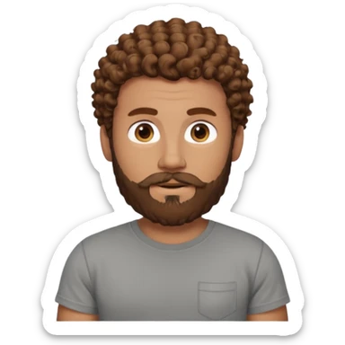Curly-haired nightingale, with brown hair, a thick beard and a suvata to match the color of the hair on his head, large build, but not fat in a gray T-shirt, chest shot, IOS memoji style sticker