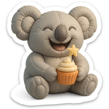 full-body laughing koala holding cupcake with star candle, cushion style sticker