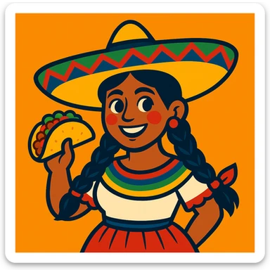 Make the Mexican woman appear more ugly by exaggerating unattractive features, while keeping the sombrero and taco, in vibrant toon style. sticker