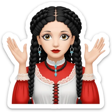 Lene Lovich as seen on the Stateless album cover with a typical symmetrical pose with her hands, lots of lace and braided hair sticker