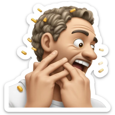 man biting nails on one hand, littles bits of nail flying away from his hand and beads of sweat on his face and flying from his his face sticker