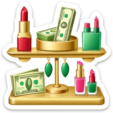 gold scale with left side green dollar bills and right side beauty products lipstick and nail polish, no lips, no extra elements sticker