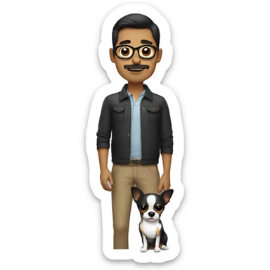 dark hair dark eye man with short mustache wearing glasses holding chihuahua sticker