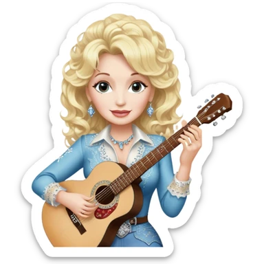 Icon for Country Music: Dolly Parton with her signature blonde curls, wearing a rhinestone-embellished outfit, holding an acoustic guitar. A classic country backdrop with musical notes, emphasizing her legendary status. Transparent background. sticker