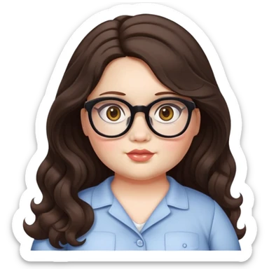  woman, long dark brown wavy hair, very light fair skin, hazel eyes, glasses, very chubby, doll style face, no smile
 sticker