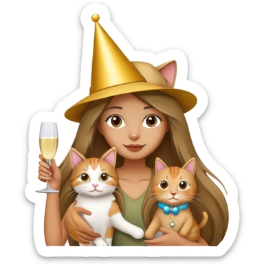 A long-haired girl wearing a birthday hat holding a cat and drinking champagne sticker