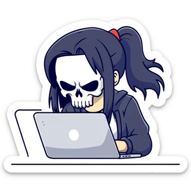 girl Punisher skull with straight long black hair typing on laptop sticker