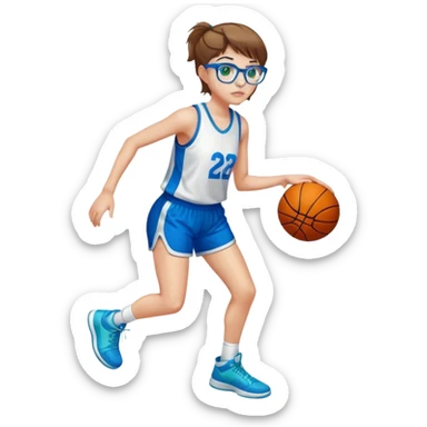 Full Body white Girl with basketball short short brown hair with blond highlights wearing blue glasses with green eyes sticker