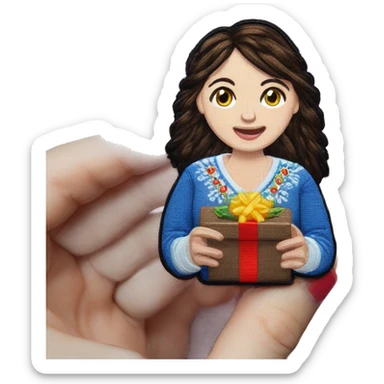 A female teacher in Ukrainian embroidery holds a gift in her hand sticker