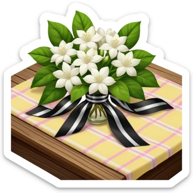 A lush bouquet of white color Jasmin black satin ribbon, resting on an antique wooden table, with a pale yellow and pink plaid pattern table cloth sticker