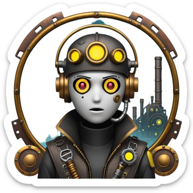 an apocalyptic backdrop in the style of cyber punk and steam punk ascetics sticker