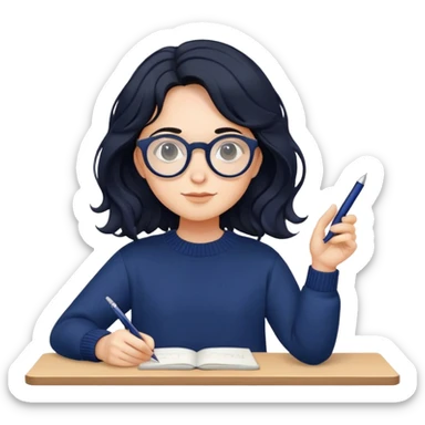 Designer with wavy black hair, round glasses, navy blue sweater, holding a design pen sticker