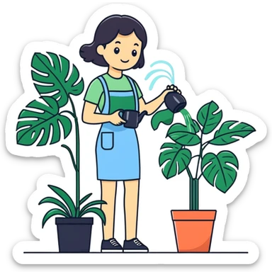 woman watering her monstera plant sticker