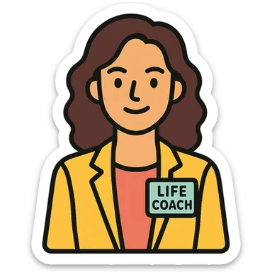 portrait of a calm, confident life coach woman with natural wavy hair, soft but energized expression, approachable professional style sticker