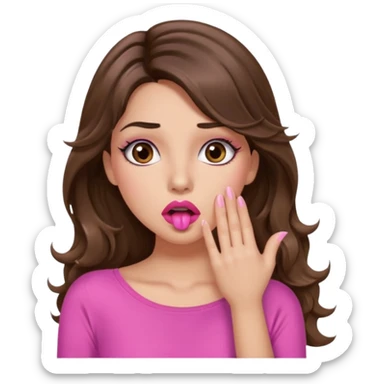 girl with long wavy brown hair, brown eyes, long lashes makeup, sexy pink lips, light to medium complexion, pink sexy top, shocked, hand covering mouth sticker