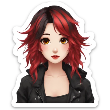 Gorgeous anime style lady with blushing face aesthetic and pretty edgy black red punk hair with hair garment trending style sticker