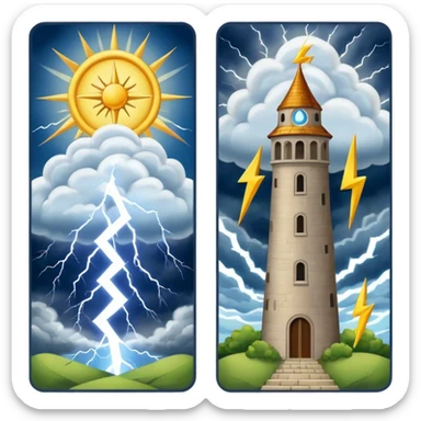 The tower tarot card lighting clouds and sun theres 2 sides one side sun in a card sticker