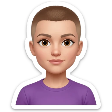 White skin ,  female, light brown buzzcut, purple shirt, neutral  eyes sticker