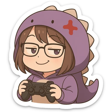 Chibi anime style gamer girl with glasses, brown hair, dark purple eyes, wearing a purple dinosaur costume, making a smug emote, no background, same style as reference. sticker