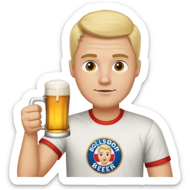 Men with Bolsdorf shirt drinks beer and watches race sticker