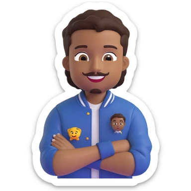 Create a male African American emoji with the hairstyle and features from the first reference photo, wearing a letterman jacket with an M on it, arms crossed and smiling, with a pencil mustache, in the same 3D cartoon style as the second reference image, no background. sticker