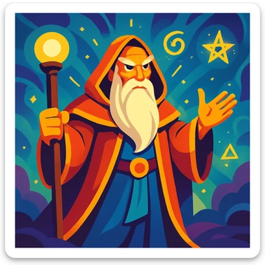 legendary mentor, powerful and wise, with inspiring aura, in a mystical environment, vibrant illustration style sticker