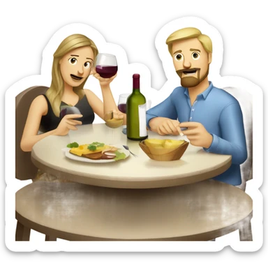 Repas raclette et deux verres de vin blanc en couple, femme blonde cheveux aux-dessus des épaules homme petite barbe et moustache grisonnantes et cheveux bruns grisonnant  sticker