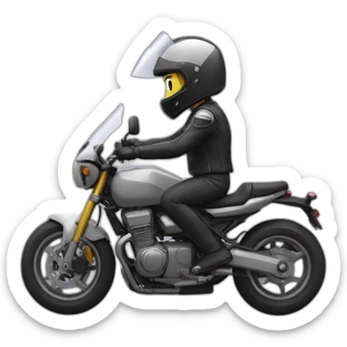 A motorcycle rider with a helmet sticker