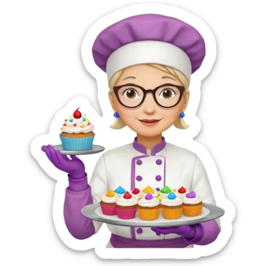 Older female pastry chef – round glasses, oven mitts on, holding a tray of cupcakes

 sticker
