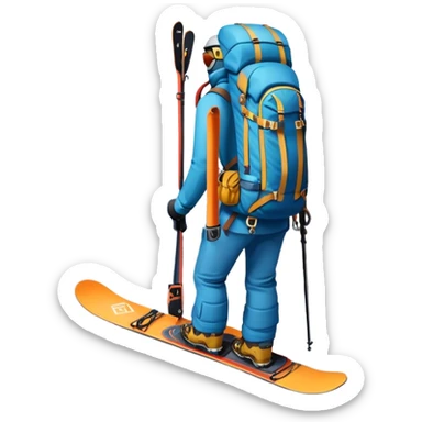 Icon for Mountain Tourism: a snowy peak landscape with skis, a snowboard, climbing equipment, a backpack and a camera. The icon should represent the adventure and excitement of mountain travel and outdoor exploration. Transparent background. sticker