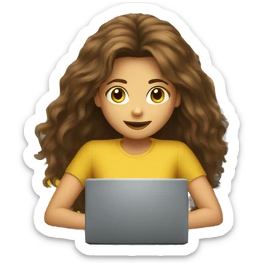 Girl with brown hairy and Yellow shirt behind computer sticker