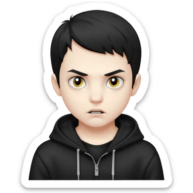 Vampire boy with the short black hair, pale scin, black eyes, little fangs and dark circles under his eyes. He has serious face and he wear a black hoodie sticker