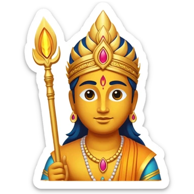 A minimal, divine emoji-style illustration of Lord Murugan, serene face, glowing vel (spear) symbol, bright golden aura, vibrant colors, simple rounded emoji design, high clarity, spiritual and peaceful expression, white background. sticker