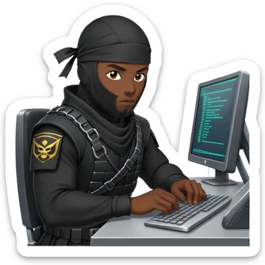african-american mercenary black ninja hacker terminal command center sticker