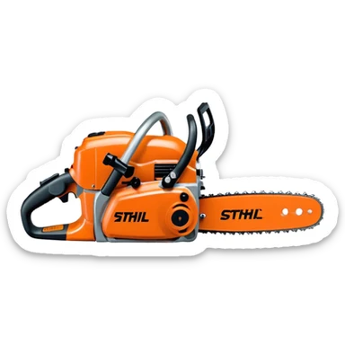 Kettensäge vom STIHL mit grauem Gehäuse, orangenem Deckel und schwarzen Griffen, die Schiene ist Grau, nicht Orange, mit Kette in Grau, seitlich ist das STIHL Logo in weißer Schrift in einem orangenem Kreis platziert sticker