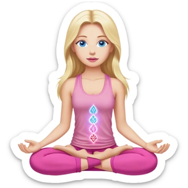Cinematic realistic blonde with long hair, Cinematic realistic blonde with long hair, blue eyes and pink lips, wearing a pink tank top, meditates, her chakras glow sticker