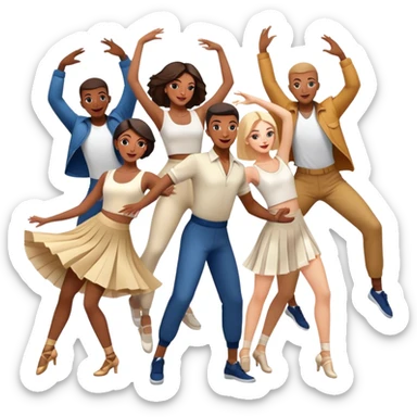 Icon for Contemporary Dance: a synchronized group dance performance with dancers in modern outfits, performing on stage with bright spotlighting and energetic movement. The icon should capture the dynamic and vibrant nature of contemporary dance. Transparent background. sticker