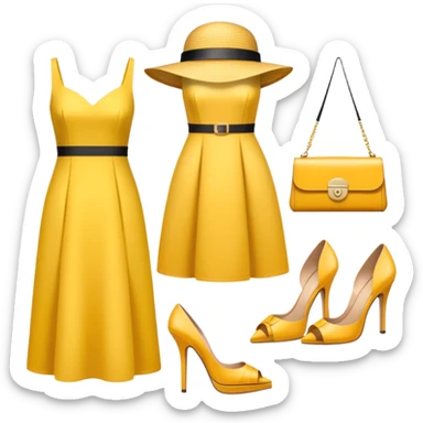 Icon for Fashion Design: a clothing scheme, a stylish hat, a bright dress, shoes, and a handbag with measurements, a measuring tape and a pencil. The emoji should represent the creative and precise process of fashion design. Transparent background. sticker