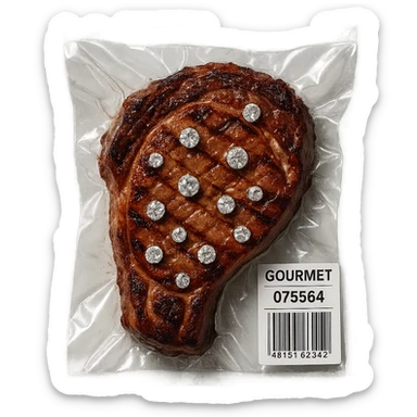 grilled steak with scattered diamonds, glossy, vacuum-sealed style sticker