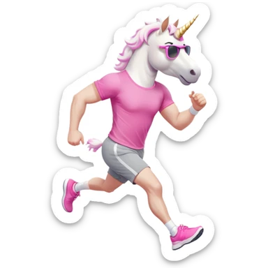 friendly anthropomorphised male white unicorn with a stocky, strong build, white arms and legs, wearing grey shorts and pink t-shirt, dark sunglasses, jogging upright in a standard pose sticker