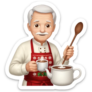 A gentle old man in a festive sweater and a white apron, stirring a pot of rich hot chocolate. sticker
