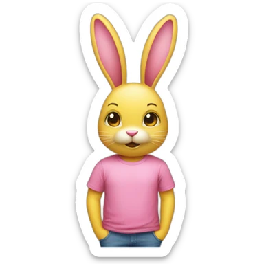 Pink rabbit, yellow tee shirt, lol sticker