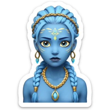 Create an icon of a Na’vi-inspired female character with glowing blue skin, braided hair, tribal forehead markings, large expressive eyes, gold earrings, and a rope necklace with a golden pendant. The expression should be calm and serious, matching the style of the movie Avatar sticker