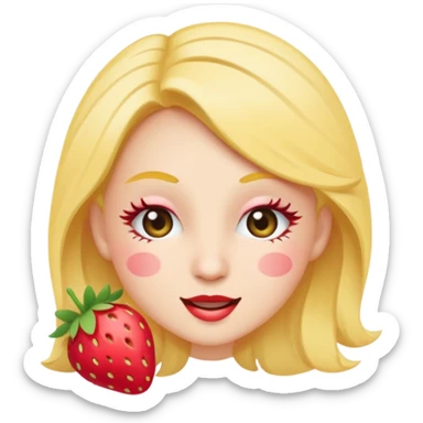 Emoji coquette, winking face with tiny strawberry sticker on cheek, fluttering eyelashes, pastel peach background, minimal vector, 512x512, transparent background
 sticker