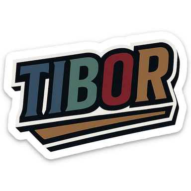 The name 'Tibor' in a masculine, modern, gradient font with precise Hungarian characters, dark contour, extra wide and prominent white letter border as in sample images, dynamic slanted underline, masculine color shades including blue, gray, burgundy, green, and brown, 1000x1000 px, PNG, transparent background. sticker