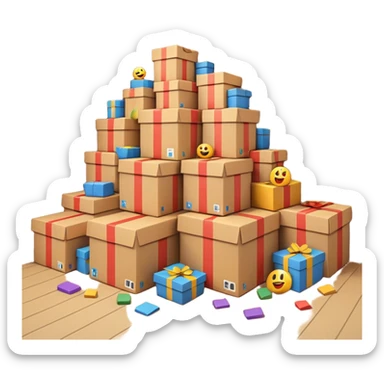 Generate a realistic emoji-style of a overfilled storage room where the packages dont have much space and everything seems chaotic and te packages are falling over sticker